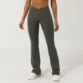 Pantalón yoga acampanado gris oscuro mujer, mallas deportivas con cintura en V para fitness y gym. - S / Bottoms / Verde Militar