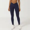 Dunkelblaue Yoga Leggings mit V-Bund, nahtlose Fitnesshose mit Po-Lifting und Stretch. - Marineblau