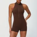Brown zip front athletic romper sleeveless fitness bodysuit activewear yoga jumpsuit for women - M (Recommended 50-55 kg) / Coffee