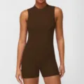 Combinaison de yoga sans manches marron, combishort de fitness moulant dos nu pour sport femme. - XL / Café