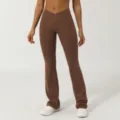 Pantalón de yoga marrón de tiza alta cruzado y acampanado para mujer, cómodo pantalón deportivo. - S / Bottoms / Marrón