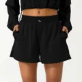 Pantalones cortos deportivos casuales negros para mujer, cintura elástica con cordón, fitness. - Negro