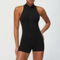 Black sleeveless zip-up one-piece fitness jumpsuit, sleek sportswear bodysuit for women. - M (Recommended 50-55 kg) / Black