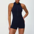 Dames zwarte mouwloze opstaande kraag rits fitness jumpsuit yoga sport outfit. - Marineblauw
