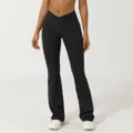 Schwarze V-Bund Crossover Schlag-Yogahose, bequeme Fitness Sport Leggings für Damen. - Schwarz