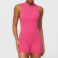 Combinaison de yoga sans manches rose, combi fitness moulante pour femme, sport respirante. - Rose rouge