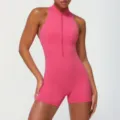 Roze fitness jumpsuit met rits, naadloze yoga romper voor dames, sportkleding uit één stuk. - Rozerood