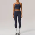 Conjunto de yoga ajustado espalda descubierta mujer cintura alta fitness deportivo - L / Conjunto Pantalón Corto / Azul medalla