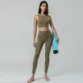 Ensemble de yoga femme taille haute fitness vetement sport workout gym haut et legging - S / Hauts / Vert olive