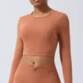 Top corto de manga larga y conjunto de yoga de talle alto retorcido para mujer - S (Sugerido 85-100 jin) / Tops / Marrón naranja claro