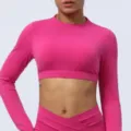 Rosa Langarm Crop Top Fitness Shirt, Damen Sportbekleidung eng anliegend fuer Yoga Training. - S / Oberteile / Fuchsia