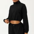 Veste de sport noire demi-zip pour femme, crop top à manches longues pour fitness et plein air. - Noir