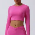 Top corto de yoga rosa de manga larga y pantalon de fitness con cintura twist sportwear - S (Sugerido 85-100 jin) / Tops / Rosa lichi
