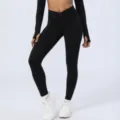 Leggings de yoga taille haute croisés noirs et ensemble de sport à manches longues. - L (conseillé 115-130 jin) / Noir