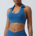 Top soutien-gorge de yoga licou bleu avec col à revers, vêtement de sport fitness élégant. - S / Aigue-marine