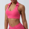 Soutien-gorge de sport yoga col halter rose, haut de fitness élégant pour la course. - S / Rose Pêche
