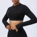 Schwarzes Langarm Crop Top Yoga Shirt für Damen Fitness Sportbekleidung Variante Oberteil - L / Oberteile / Schwarz