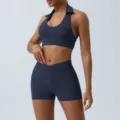 Conjunto de fitness azul oscuro con shorts cruzados elegante ropa de yoga para mujer - XL / Conjunto de Pantalones Cortos / Azul Marino