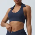 Soutien-gorge de sport col halter pour femme, haut de yoga fitness avec coussinets. - XL / Bleu Marine