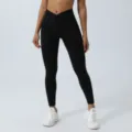 Leggings da yoga neri a vita alta incrociati a V, pantaloni fitness modellanti ideali. - Nero
