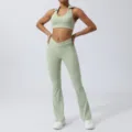Light green activewear set featuring a halter sports bra and crossover flare pants. - S / Pants Set / Bean Green
