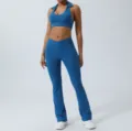 Blue women yoga set activewear with stylish halter crop top and high waist flared fitness pants - S / Pants Set / Aquamarine