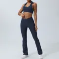 Womens athletic yoga set featuring a halter crop top and crossover flared pants for fitness. - XL / Pants Set / Navy Blue