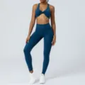 Ensemble de soutien-gorge de sport croisé bleu sarcelle et leggings de yoga pour femmes - M / Haut et Bas / Bleu Morandi