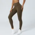 Mallas de yoga marrones de cintura alta, pantalones deportivos elásticos para mujeres. - S / Verde Militar