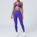 Completo yoga viola da donna, reggiseno sportivo incrociato e leggings a vita alta fitness. - Taglia L / Sopra e Sotto / Viola