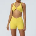 Set yoga donna reggiseno sportivo pantaloncini vita alta fitness tuta gialla sportiva - Taglia S / Sopra e Sotto / Giallo Limone