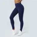 Donkerblauwe hoge taille naadloze yoga leggings, sport fitness broek met liftende pasvorm. - Marineblauw