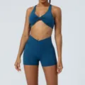 Set yoga blu a vita alta pantaloncini e reggiseno sportivo fitness corsa palestra donna - Taglia S / Sopra e Sotto / Blu Morandi