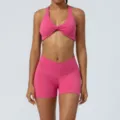 Set da yoga rosa a vita alta con reggiseno sportivo incrociato e pantaloncini da fitness donna. - Taglia S / Sopra e Sotto / Rosso rosa
