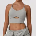 Soutien-gorge de sport gris fines bretelles découpe rembourré pour yoga fitness top - S / Gris Chiné