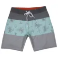 Detailed view of men's color-blocked boardshorts with palm tree print and drawstring. - Size 28 / 189# Gray