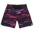 Detailed close-up of men's quick-dry board shorts featuring abstract print and black trim. - Size 28 / 158# Purple