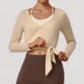 Ensemble Top de Yoga Cache-Cœur Manches Longues Femme Beige Débardeur Sport Fitness - S / Ensemble / Abricot Clair