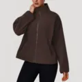 Chaqueta de polar marrón oscuro con cuello alto y cremallera para mujer otoño invierno - S / Marrón Oscuro