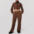 Brown fleece casual set featuring a cropped zip-up jacket and wide-leg trousers for cozy wear. - S / Top And Bottom / Brown