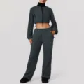 Dark grey fleece crop jacket and wide-leg pants lounge set for women winter warm outfit - S / Top And Bottom / Grey Blue