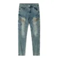 Men's retro washed slim-fit biker denim jeans with stylish patchwork and pleated details. - 28 / Blue