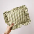 Green white gingham ruffled baby pillow cute cotton square cushion for nap and nursery room decor - Non-Customized (Removable & Washable) / Green Checkered