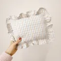 Nordic style ramie soothing pillow with ruffled edge and gingham pattern for baby bedroom decor. - Non-Customized (Removable & Washable) / Blue Plaid