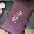Purple Muslin Ruffled Pillow variant, soft rectangular baby cushion with custom name design. - 45x33cm (Embroidery) / Red Brown