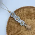 Grey silicone flower pacifier clip with wood beads, cute daisy soothing teething clip variant. - Light Gray
