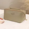 Khaki PU multi-layer makeup bag with handle, stylish pillow cosmetic storage pouch for travel. - Gold