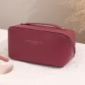 Wine red PU leather cosmetic bag multi-layer travel toiletry storage pouch with handle. - Burgundy