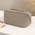 Grey leather cosmetic bag with handle multi layer travel toiletry storage pouch for women - Khaki