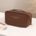 Brown PU leather cosmetic bag, multi-layer travel makeup organizer with handle and zipper. - Brown